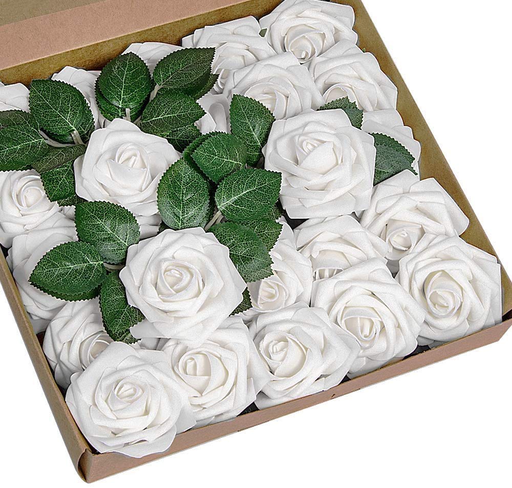 Ancokig Artificial Flowers Rose Real Looking Fuchsia Fake Foam Roses for DIY Wedding Bouquets Centerpieces Bridal Shower Party Home Decoration (White,25pcs)