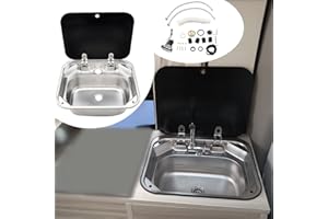 MOFANS RV Sink RV Kitchen Single Bowl Sink RV Rotatable Hot Cold Faucet with Lid Cover Fit for RV Caravan Camper Stainless Steel Sink