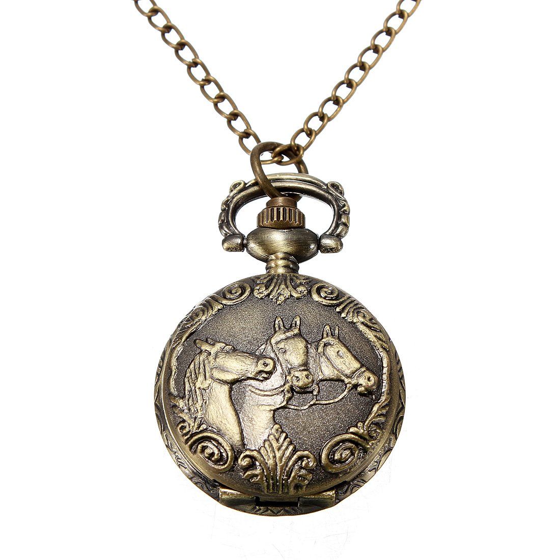 Vintage Copper Bronze 3 Horse Engrave Quartz Pocket Watch Pendant Chain Necklace