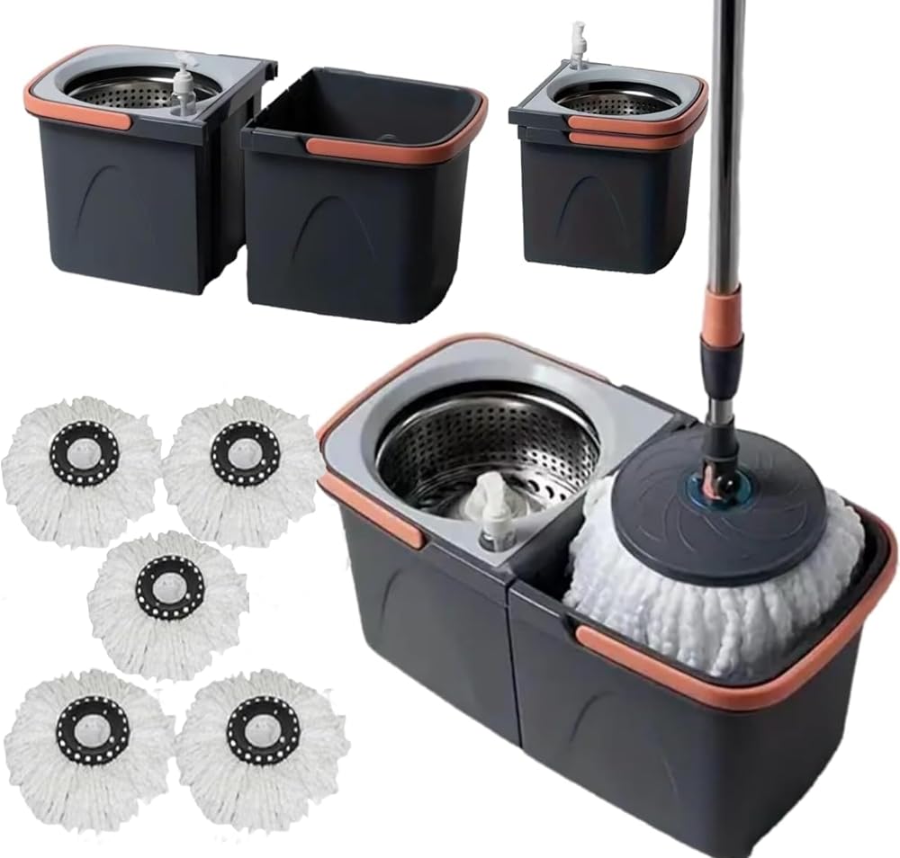 SWISSPACK Revolving Spin Mop and Bucket Set with 4 Reusable Pads Orange-Gray
