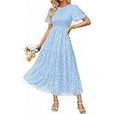 BerryGo Womens Summer Chiffon Midi Dress Short Sleeve Flowy Smocked Crewneck A Line Tiered Wedding Guest Dresses 2026