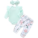 Newborn Baby Girl Outfits Clothes Cute Long Sleeve Ruffle Romper Floral Pants Headband Set 0~12M