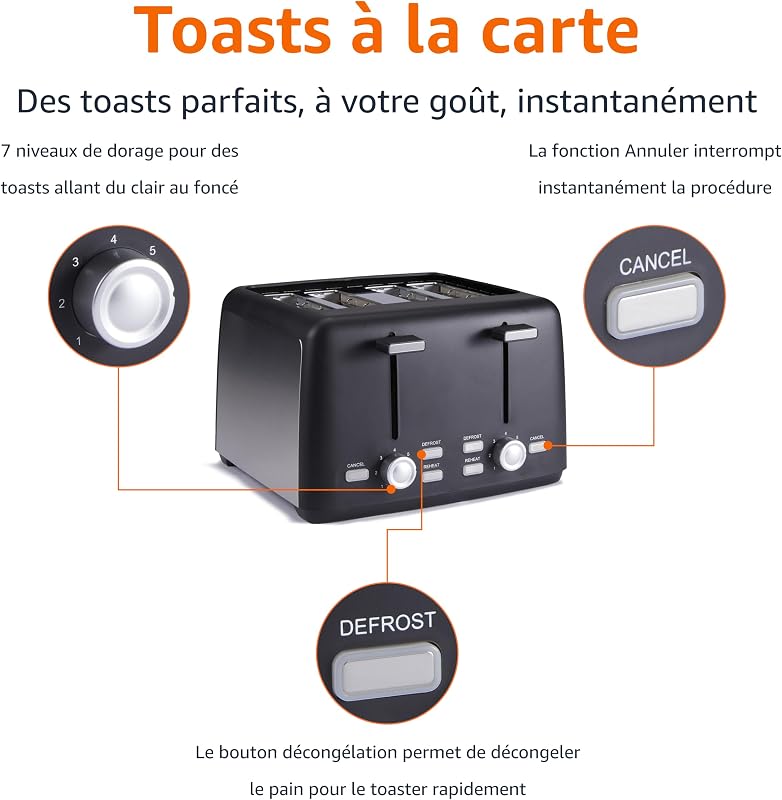 Grille-Pain 4 Tranches avec 7 Niveaux de Dorage et Tiroir Ramasse-miettes Amovible, Fentes Extra Larges, 1500W, Noir — photo 2 sur 8