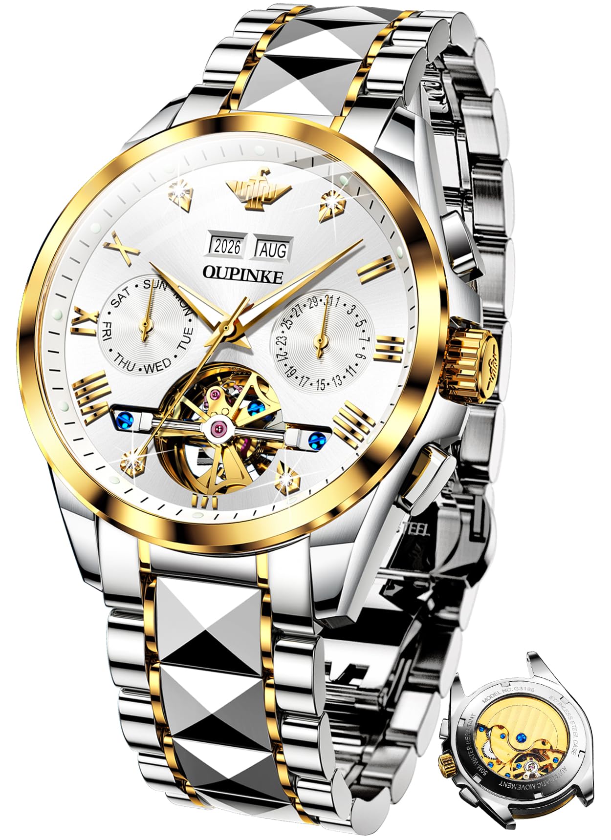 Photo 1 of OUPINKE Mens Automatic Watch Diamond Skeleton Mechanical Self Winding Luxury Dress Wrist Watch Sapphire Crystal Tungsten