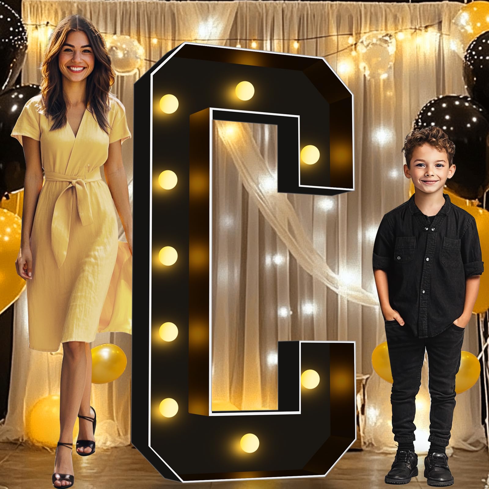 Photo 1 of Pooqla 4 FT Marquee Light Up Letters, Giant Letter Sign Black Marquee Letter Lights 4 Feet Tall, Big Mosaic Letters for Balloons Birthday Party Anniversary Wedding Decorations, Warm White Letter C