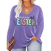 YALUCOR Women Plus Size Easter Shirt Easter Day Gift Tee Bunny Graphic Tshirt Hanging With My Peeps Long Sleeve V Neck Tops