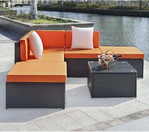 Ikayaa Rattan Corner Sofa Set 18 Piece Rattan Garden Sofa Set Garden Outdoor Patio Furniture Couch Table Set With Pillows Orange Amazon Co Uk Kitchen Home