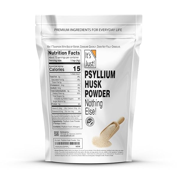 IT’S JUST! – PSYLLIUM HUSK POWDER, EASY MIXING DIETARY FIBER, CLEANSE YOUR DIGESTIVE SYSTEM, FINELY GROUND POWDER, IDEAL FOR KETO BAKING, NON-GMO (UNFLAVORED, 10OZ (PACK OF 1))