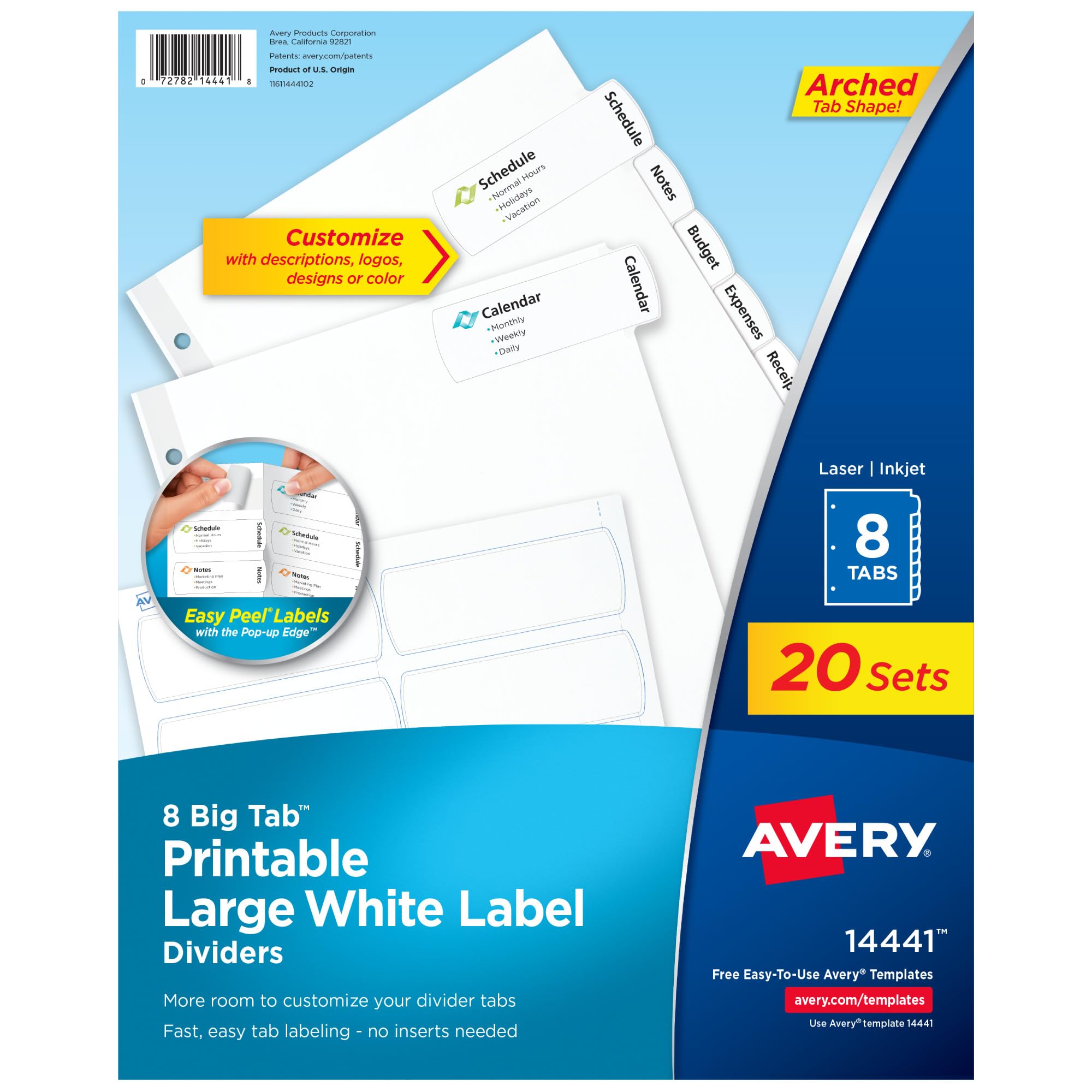Avery Big Tab Printable Large White Label Dividers with Easy Peel, 8 Tabs, 20 Sets (14441)