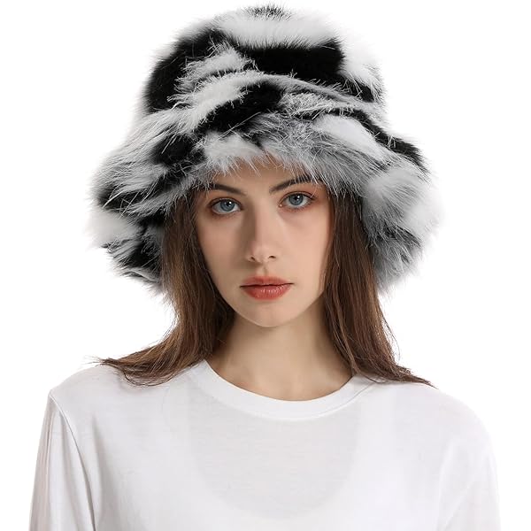 AMTFBY Faux Fur Bucket Hats Fuzzy Warm Winter Hat Multicolor Wide