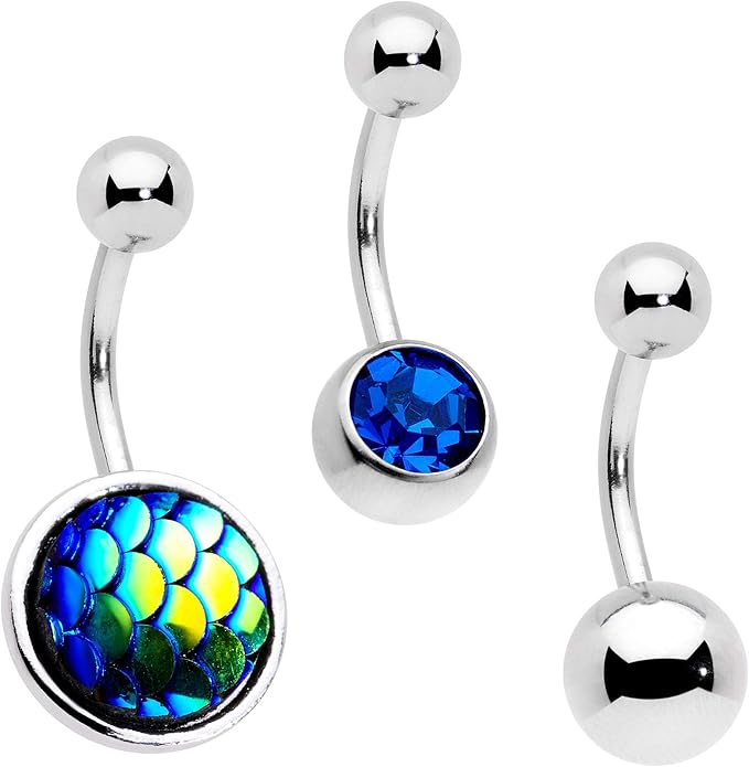 BodyCandy 3PC Blue Green Mermaid Scale Bonus Pack 316L Steel Belly Button Rings 14G Navel