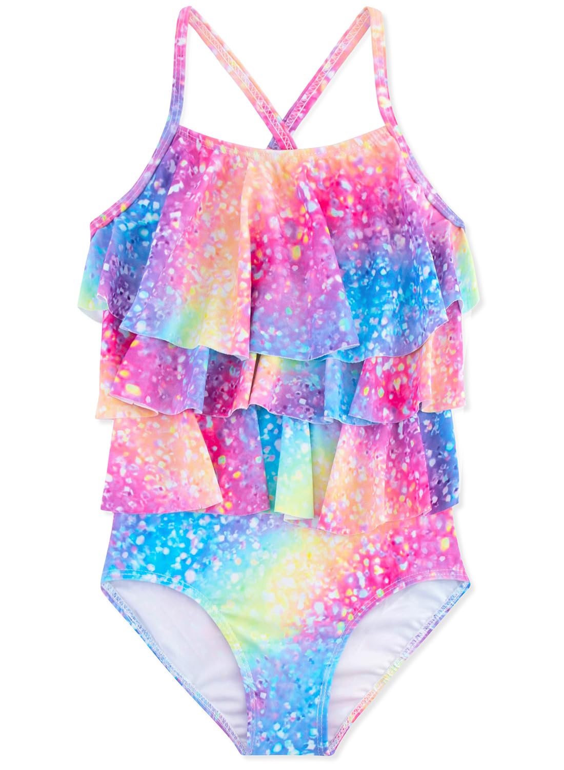 Photo 1 of Dolxico Girls One Piece Swimsuits Cute Bathing Suit Ruffles Swimsuits Girls Fashion Summer Beach Swimwear Little Kids Swimming Suits, Rainbow Glitter, 11-12 Years
