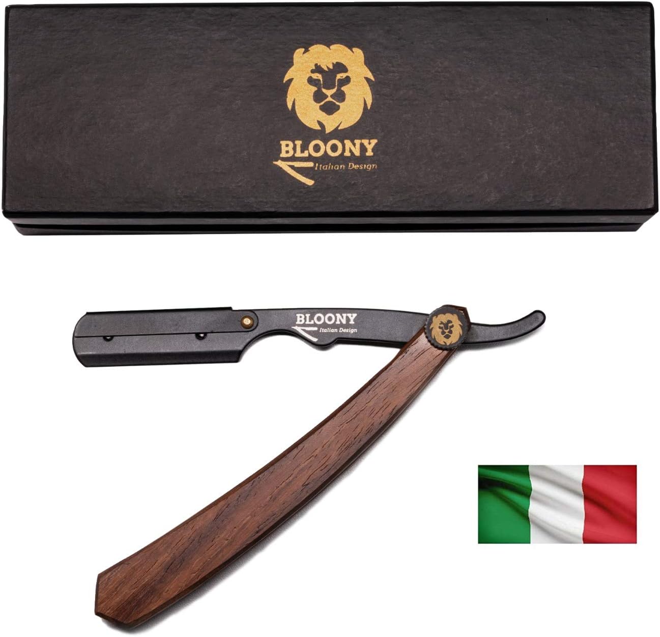 Bloony Professional Cut Throat Razor Blades Barber Razor with Wooden Handle Men's Beard kit Men's Beauty case - Italian Design - Men's Gift idea