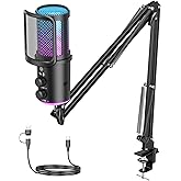 Gaming USB Microphone, Noise Cancellation Condenser Mic with Mute,Boom Arm Mic-Reverb Adjustment, Monitoring for Streaming, Podcasting, Discord, YouTube,PC, Computer, PS4, PS5, Mac