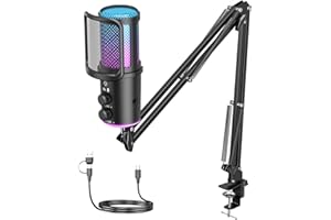 Gaming USB Microphone, Noise Cancellation Condenser Mic with Mute,Boom Arm Mic-Reverb Adjustment, Monitoring for Streaming, P