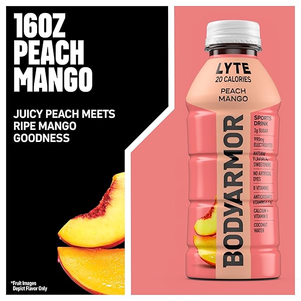 BODYARMOR LYTE SPORTS DRINK LOW-CALORIE SPORTS BEVERAGE, PEACH MANGO, NATURAL FLAVORS WITH VITAMINS, POTASSIUM-PACKED ELECTROLYTES, NO PRESERVATIVES, PERFECT FOR ATHLETES, 16 FL OZ