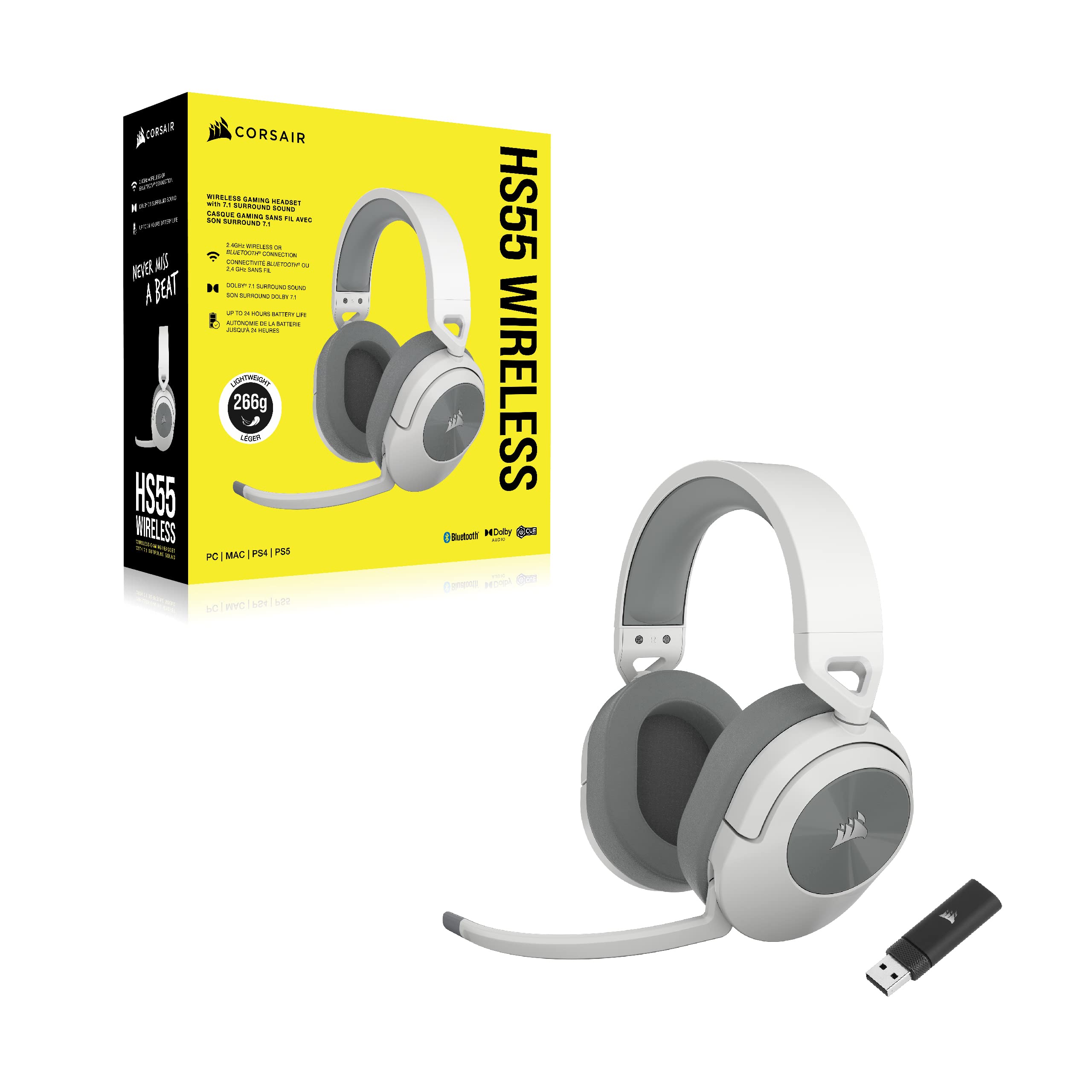 Corsair HS55 Wireless Multiplatform Lightweight Gaming Headset with Bluetooth - Dolby 7.1 Surround Sound - iCUE Compatible - PC, PS5, PS4, Nintendo Switch, Mobile - White