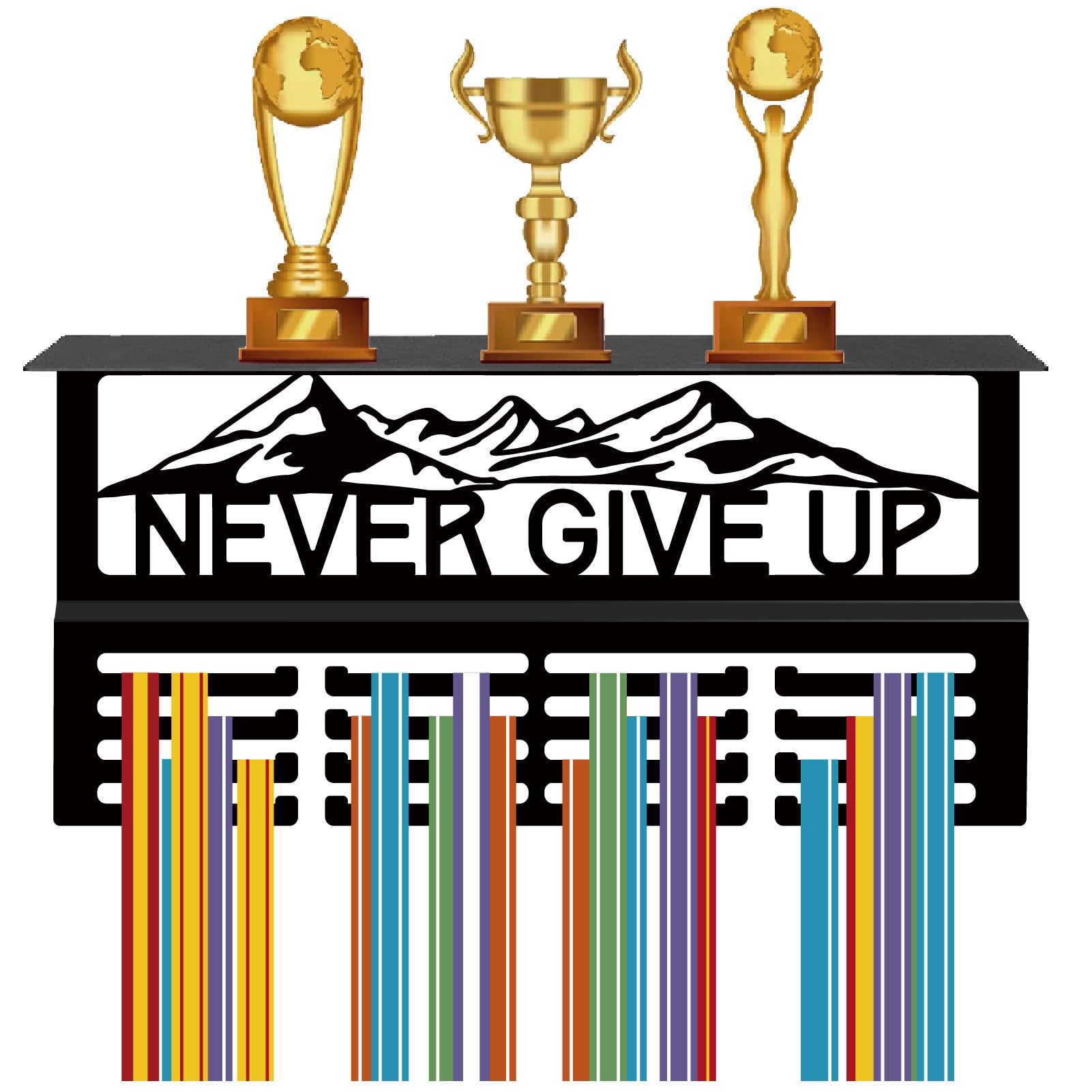 CREATCABIN Never Give Up Medal Hanger Display Trophy Shelf Medal Holder with Shelf Stand Sports Mountain 4 Rows Metal Hanging Wall Mount Hold 70+ Medals for Competition Ribbon Medals Rack 15.7x7.9Inch
