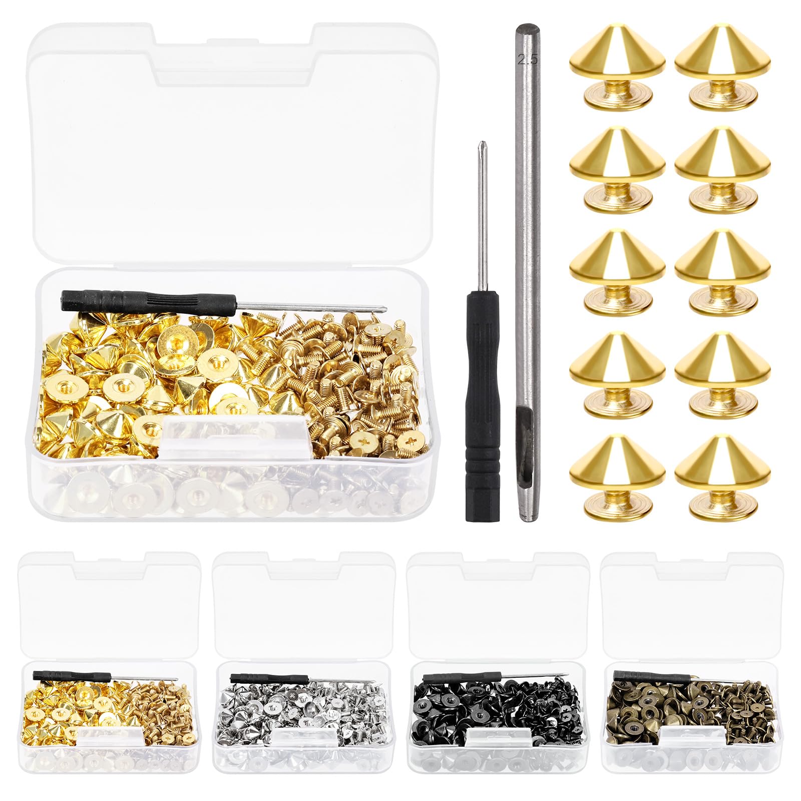 Glarks 100 Sets Gold Cone Spikes and Studs Kit 4.7mm Bullet Spikes Screw Back Punk Studs and Spikes with Installation Tools Leather Craft Rivet Screws for Clothing Shoes Leather Belts Bag Accessories