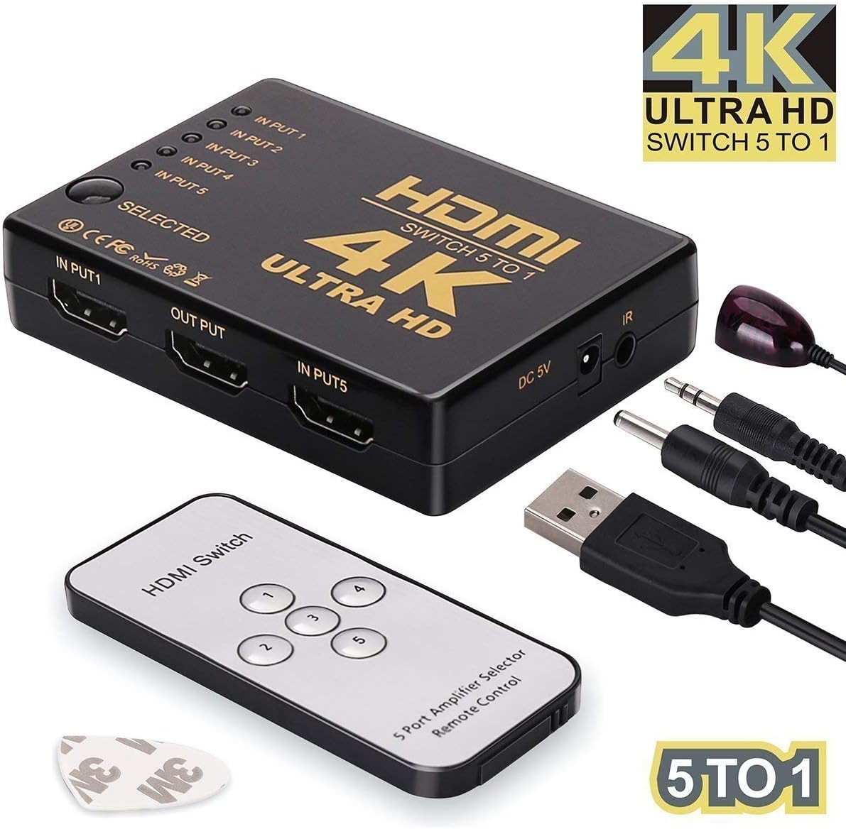 Famous Quality HDMI Switch with Remote Control Switcher Selector Box Hub IR Supports HD 1080P 3D 4K IDEO Audio Auto Switching HDCP-Set of 5 in 1 (Black)