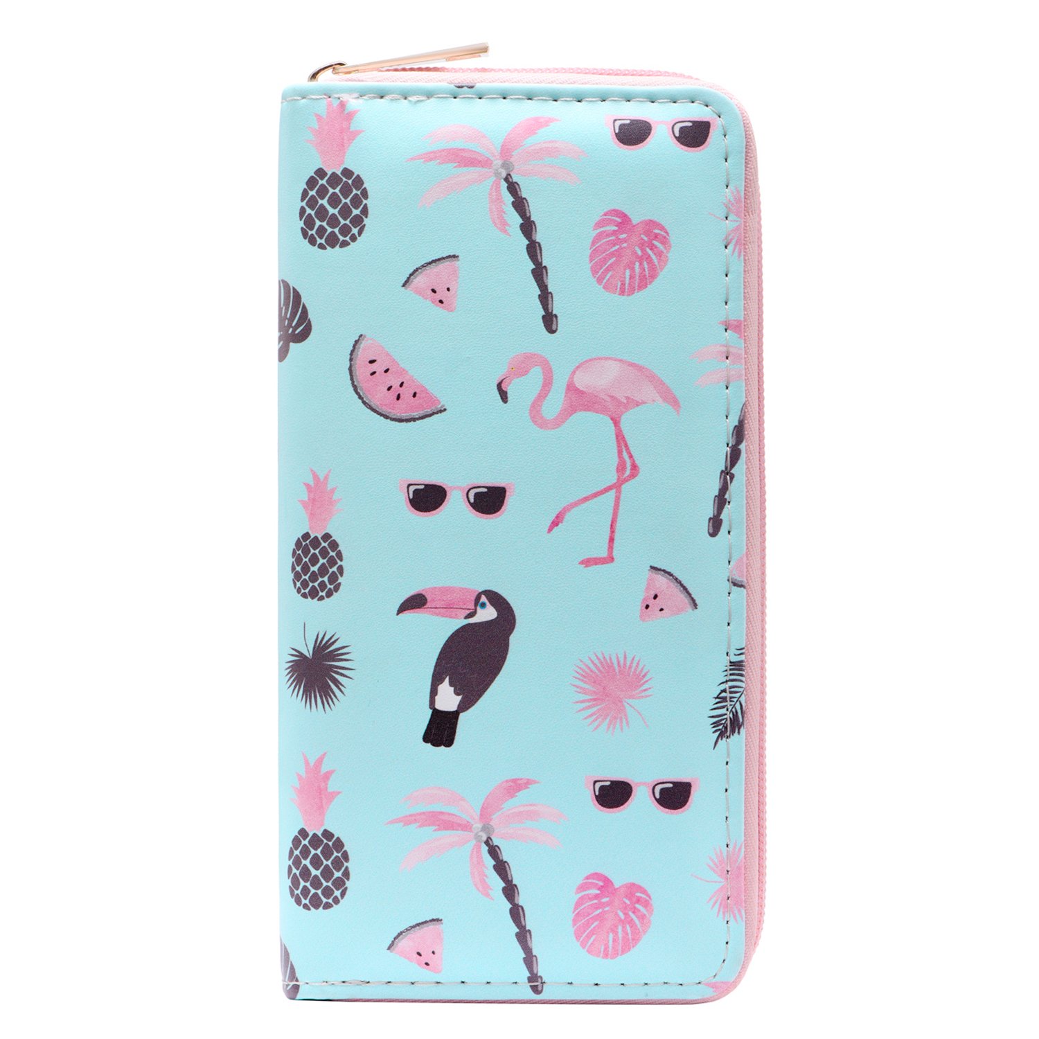 DonDon Ladies and Girls Purse Wallet with Zip Fastener Flamingo and Fruits