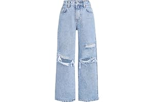 GENERIC Ripped Denim Jeans for Girls Teen Straight Wide Leg Distressed Baggy Denim Pants Y2k Streetwear 2025 Fashion Cute Kid Clothes