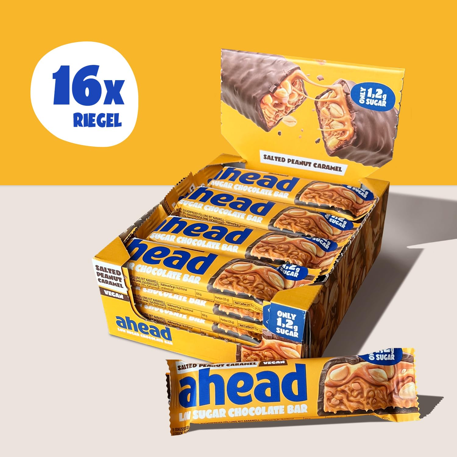 AHEAD Veganer Süßigkeiten Riegel – Salted Peanut Caramel – 16 x 35g – Keto Riegel mit zuckerfreier Schokolade – nur 5g Net Carbs pro Low Carb Süßigkeit - Verbesserte Rezeptur 4