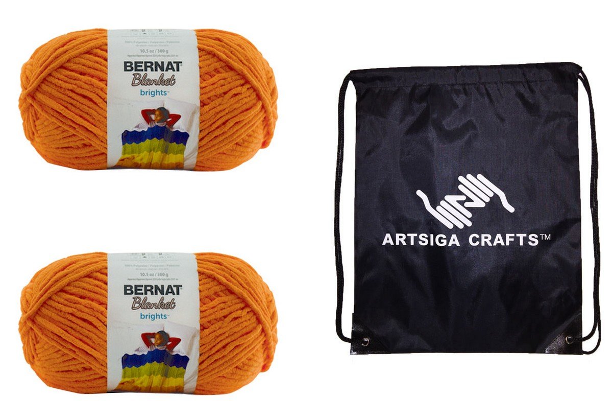 Bernat Knitting Yarn Blanket Brights Big Ball Carrot Orange 2-Skein Factory Pack (Same Dyelot) 161212-12002 Bundle with 1 Artsiga Crafts Project Bag