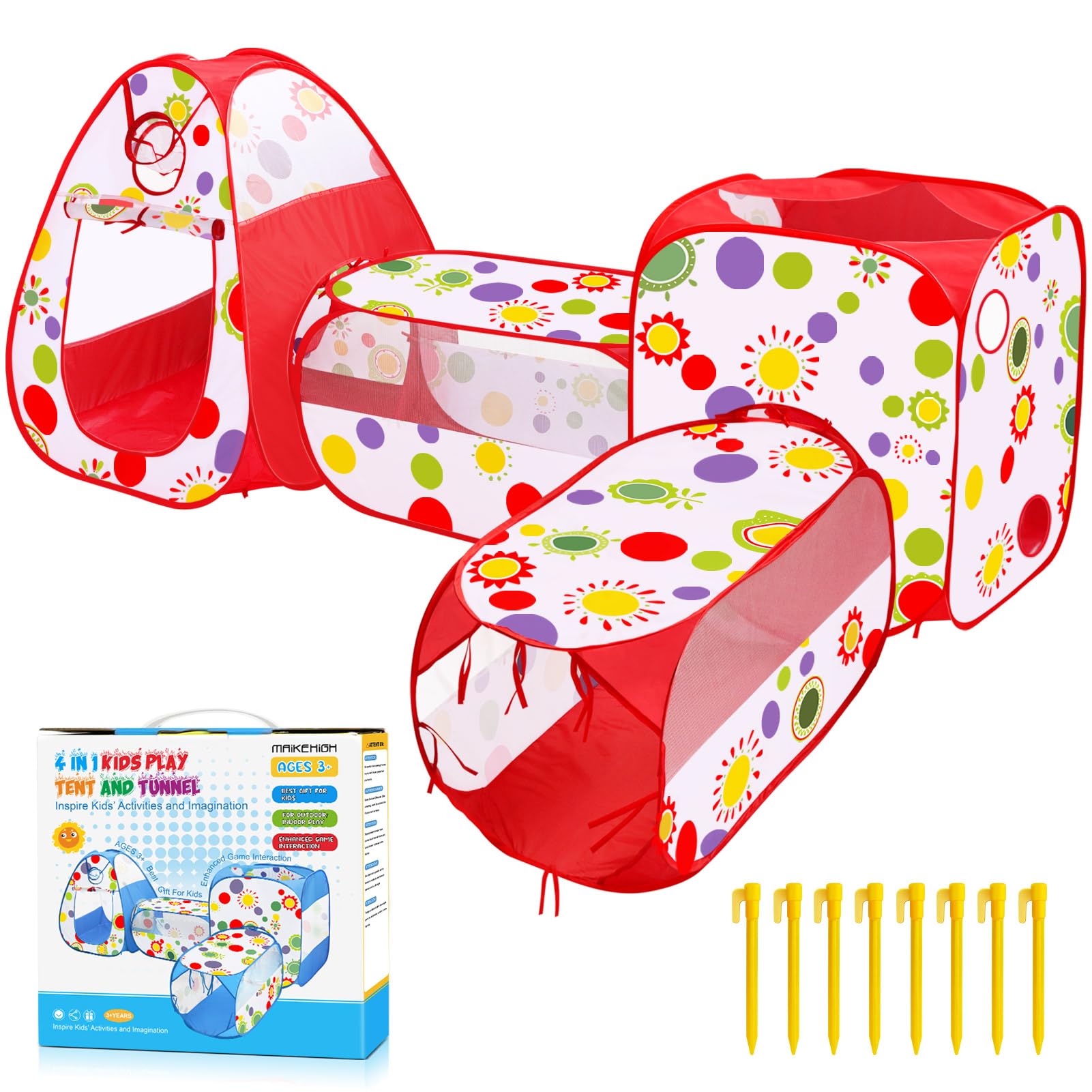 MAIKEHIGH 4 in 1 Play Tent Tunnel, Pop Up Tents Foldable Baby Ball Pit Crawl Tunnel Indoor Outdoor Garden Game Girls Boys Kids Gifts