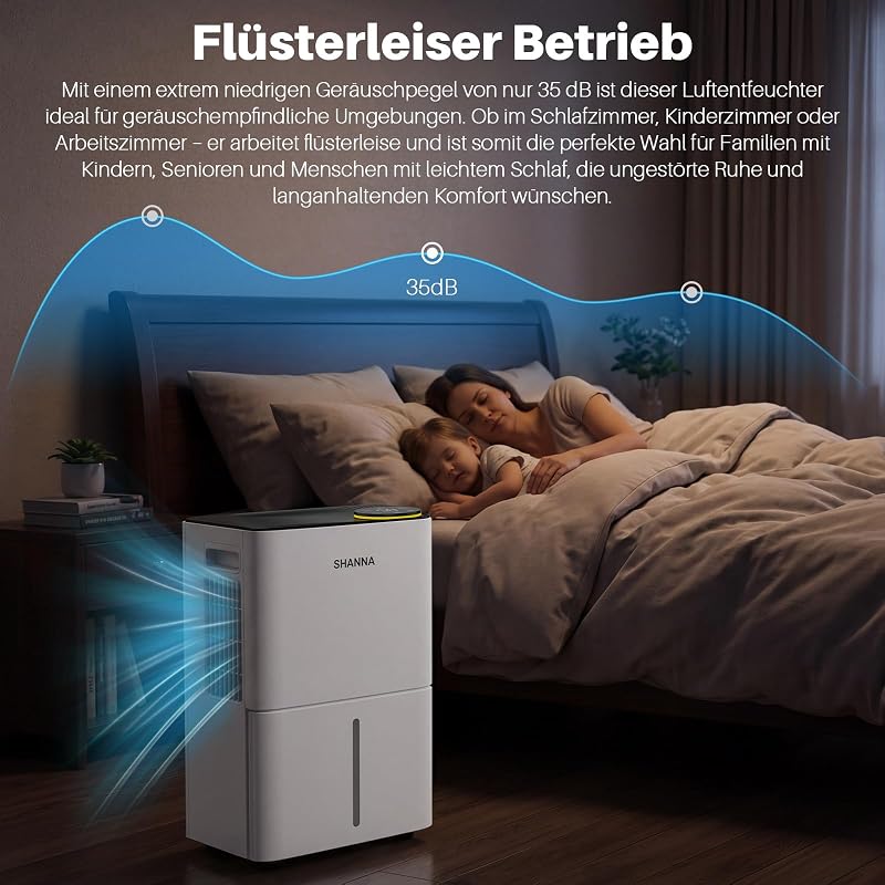 Luftentfeuchter elektrisch 15L/24h, Entfeuchter elektrisch 35dB, Raumentfeuchter für Räume ca. 35m², mit Ablaufschlauch, Timer, für Wohnmobil, Badezimmer, Keller, Kältemittel R290, 10 J. Gar.
