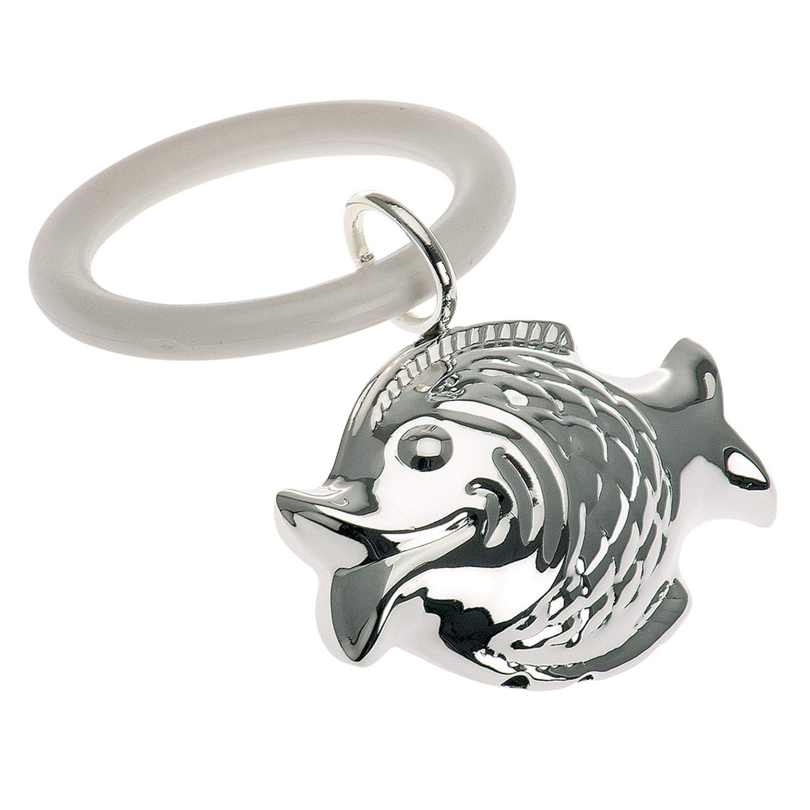 H.Bauer jun. Silver-plated baby rattle with fish motif, hand rattle with grasping toy or bite ring for children