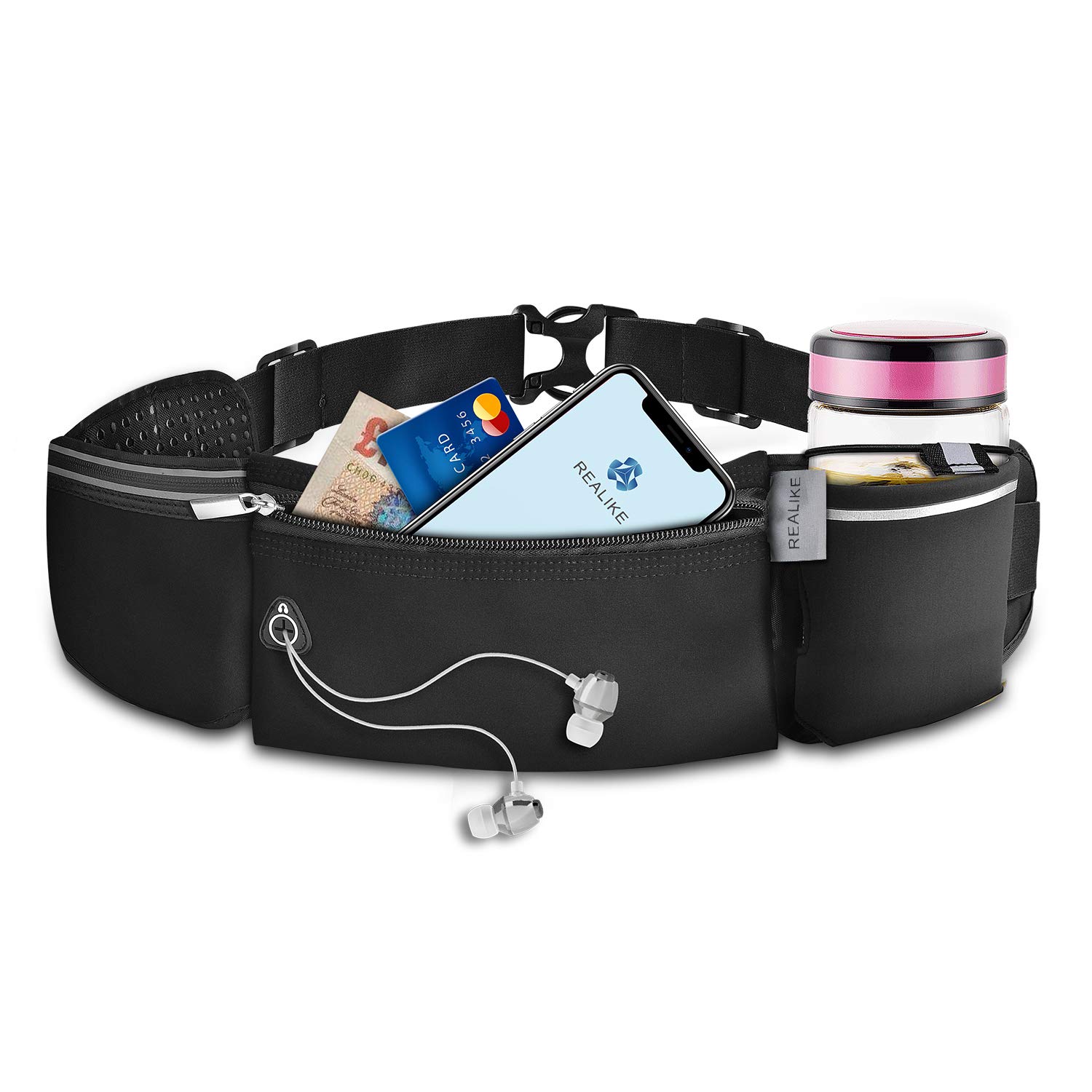REALIKE Running Hydration Belt with Water Bottle Holder, Double Pockets Running Waist Bag with Adjustable Strap for Marathon Fitness Training Hiking Fit for iPhone Xs Max Xr and Samsung Phone Series