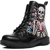 coolcustomize Women's Combat Ankle Boots, Heart Print Fashion Short Booties Rose and Skull Durable Lace-Up Work Boots, Gift For Her Lover