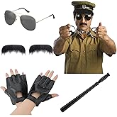 Mepase 5 Pcs Halloween Cop Costume Men Lieutenant Police Costume Accessories Set Border Patrol Outfits Include Sunglasses, Baton, Fingerless Gloves and Mustache Funny Halloween Cosplay Adult