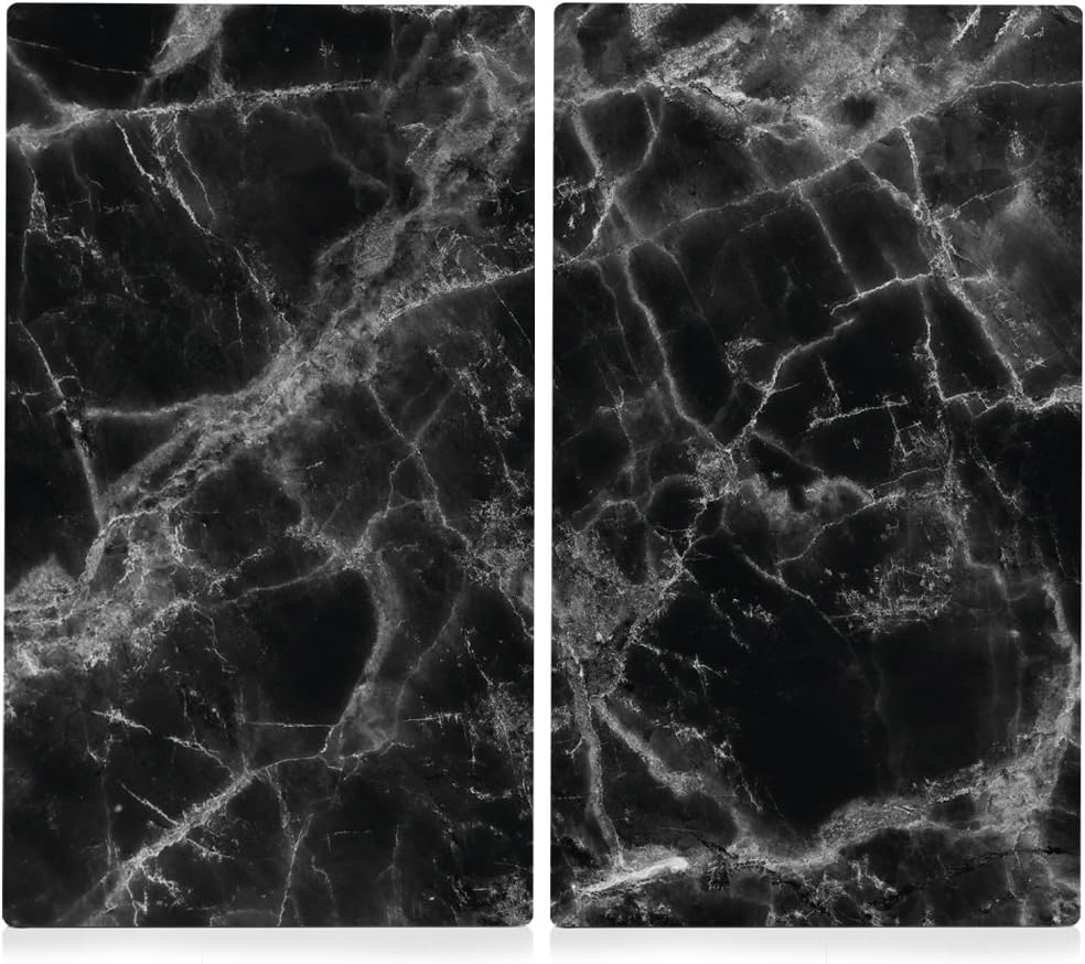 Zeller 26314 Herdabdeck-/Schneideplatten Marmor, 2-er Set, Herdabdeckplatte, Glas, Schwarz, 30 x 52 x 1 cm, 2 Einheiten