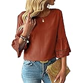 Dokotoo Womens 3/4 Bell Sleeve Hollow Out Ruffle Shirts Crewneck Trendy Casual Loose Fit Blouse Tops