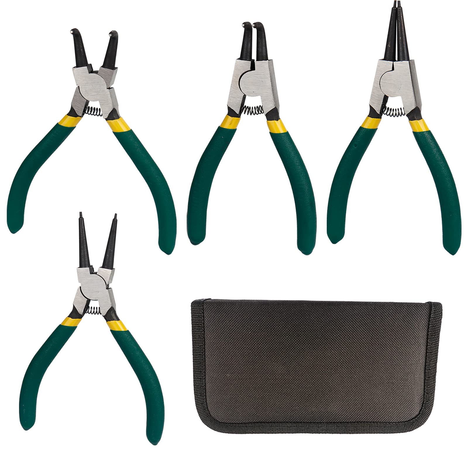 Gobesty Circlip Pliers, 4 Piece Circlip Pliers Set Snap Ring Pliers 125mm Anti-Slip Handles Ring Pliers Tools Set, Green Internal External Straight Bent Circlip Pliers