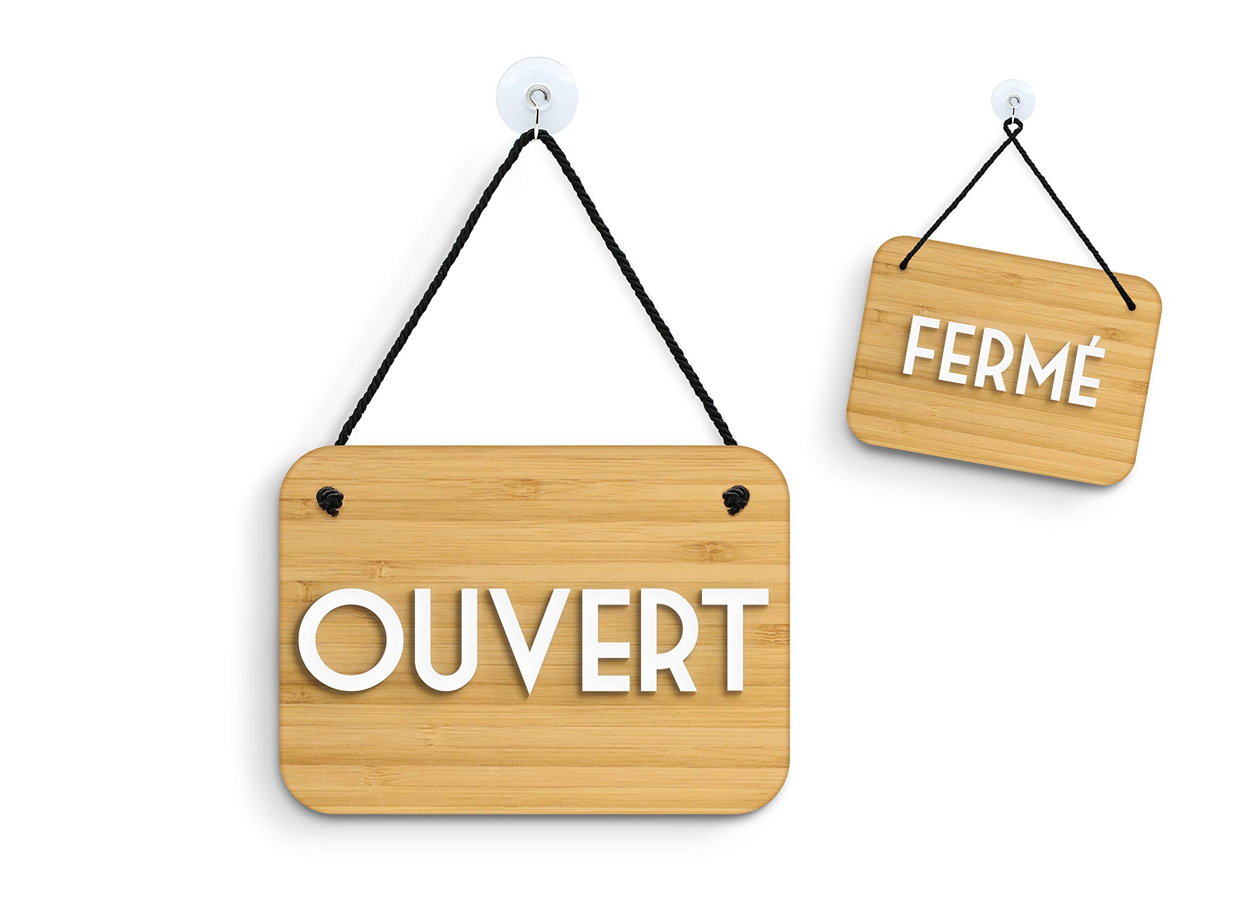3DP Signs | Retrò Vintage Ouvert/Fermé Sign [OC15] - Bamboo Double sided Hanging door plate - Reversible Business Shop Window Sign for Bar, Pubs, Restaurants and Shops