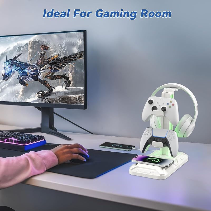 Soporte Auriculares Gaming LED, Soporte Mando PS5 con Carga Inalámbrica