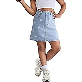 BEAUDRM Girl's Bow Embroidery Denim Skirt Y2k Elastic High Waist A Line Jean Skirts with Pockets