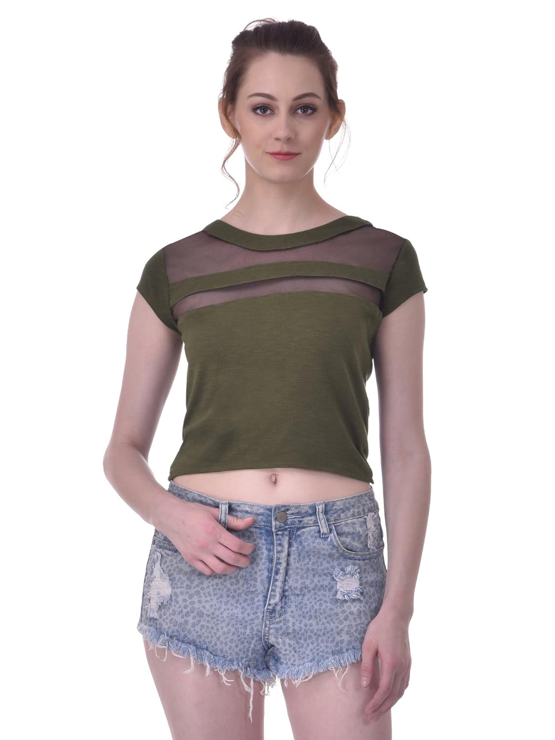 martini women mesh yoke panel summer waist length crop top (green, large)