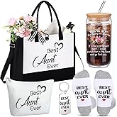 Funnymoom 5 Pack Christmas Aunt Gifts from Niece and Nephew, Thank You Auntie Gifts Ideas for Birthday, Best Aunt Ever Canvas Tote Bag, Makeup Bag, 16 oz Drinking Glass Cup, Socks and Keychain