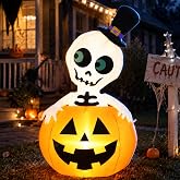 PARTY TELLER 5FT Halloween Inflatable Pumpkin Skeleton LED Yard Decor | Blow up pumpkin skeleton with top hat. Built-in LED lights. Waterproof polyester. Perfect for outdoor, garden, lawn, patio