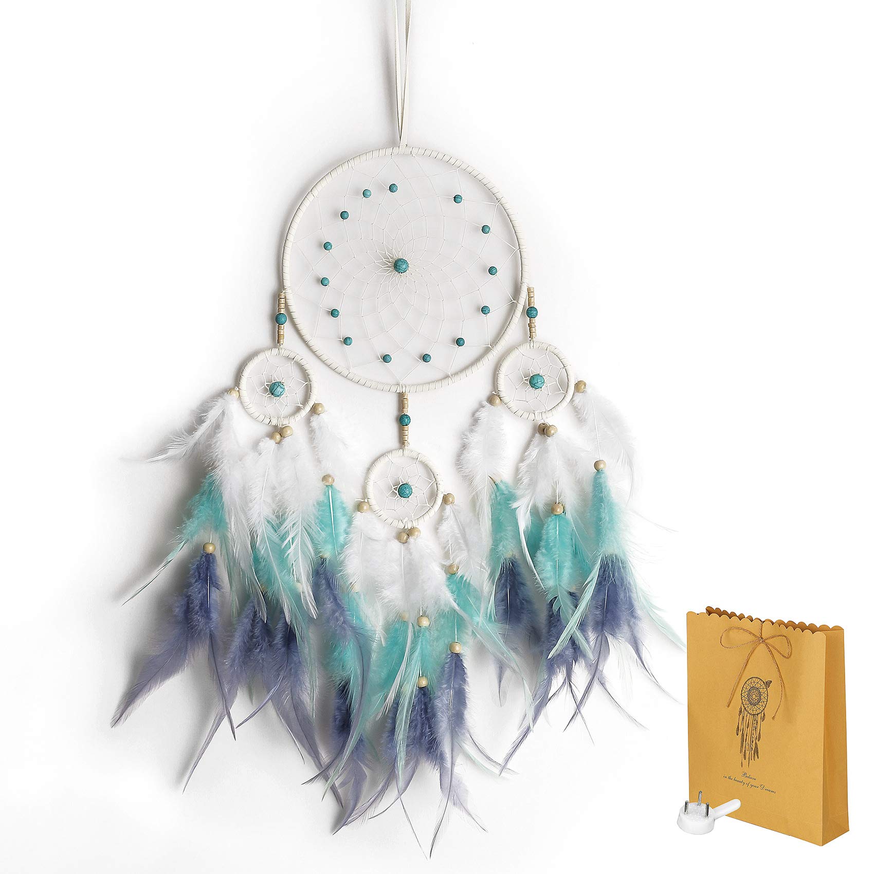 Dream Catcher for Home Decor, Handmade Sleek Dreamcatcher Blue and White Beads and Feathers Wall Ornament Gift for Bedroom