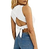 Remidoo Women's Casual Sleeveless Crewneck Ribbed Knit Tie Back Crop Tank Top
