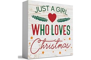 WRSUNT Rustic Just A Girl Who Loves Christmas Tree Wood Box Sign, Farmhouse Christmas Santa Artwork Decor, Wood Square Sign Desk Block Signs Home Shelf Office Decoration 5 x 5 Inches