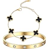 TICVRSS 18K Gold Plated Clover Bracelet Love bangle Set for Women Stackable Trendy Fashion Simple Friendship Bracelets Lucky Bracelet Jewelry Cute Gifts for Women