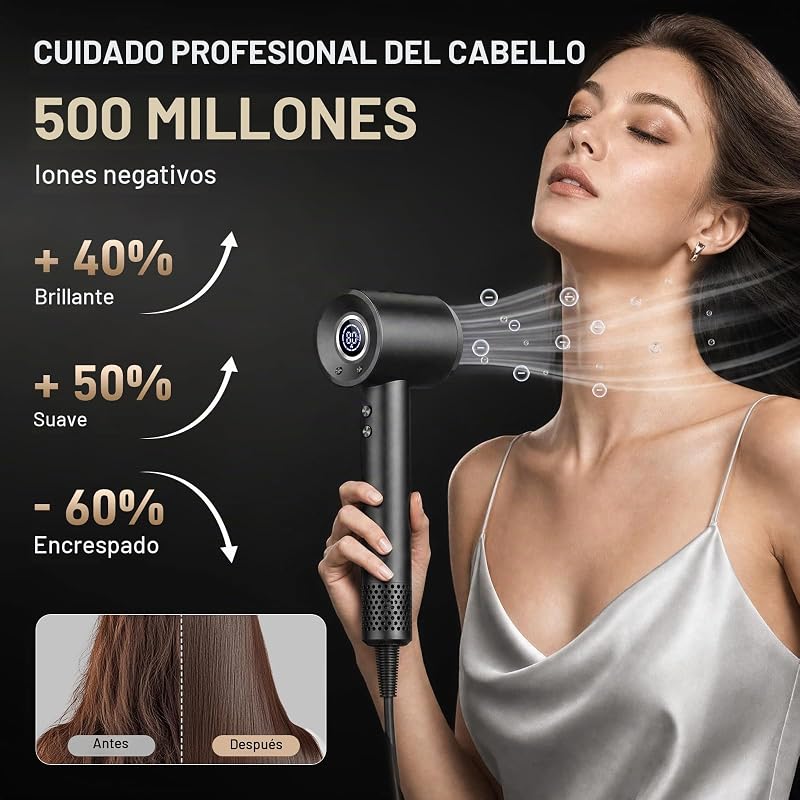 Secador Pelo Profesional Iónico con Difusor y Boquilla, Pantalla Digital