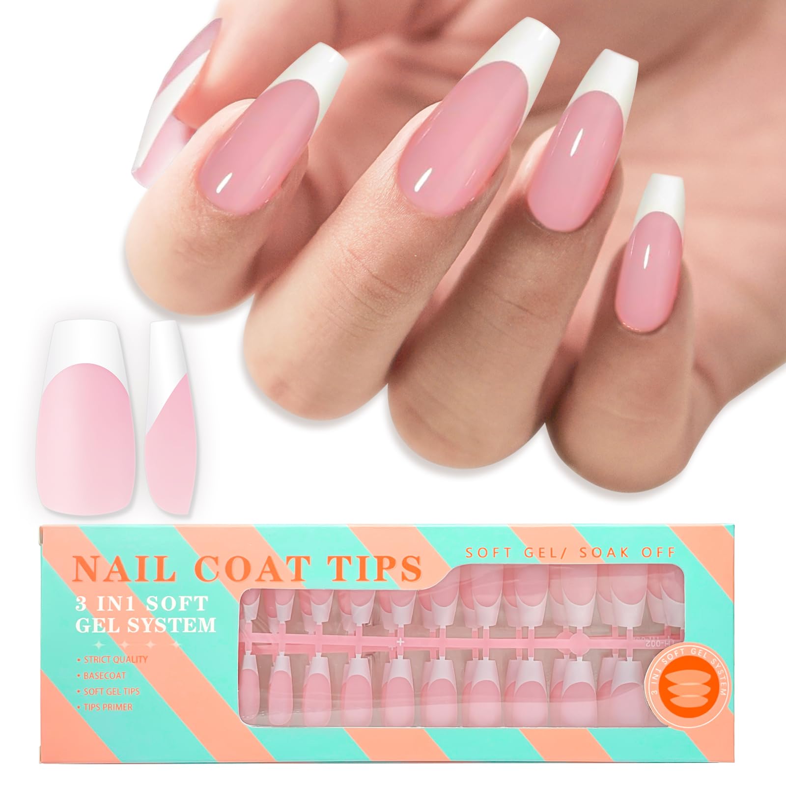 Medium Coffin Gel Nail Tips French Tips-Pink Soft Gel Fake Nail Tips 15 Sizes 150Pcs Pre-Primer&Base Coat&Color Gels French Nail Tips, DIY Press On Nail Tips for Nail Extension