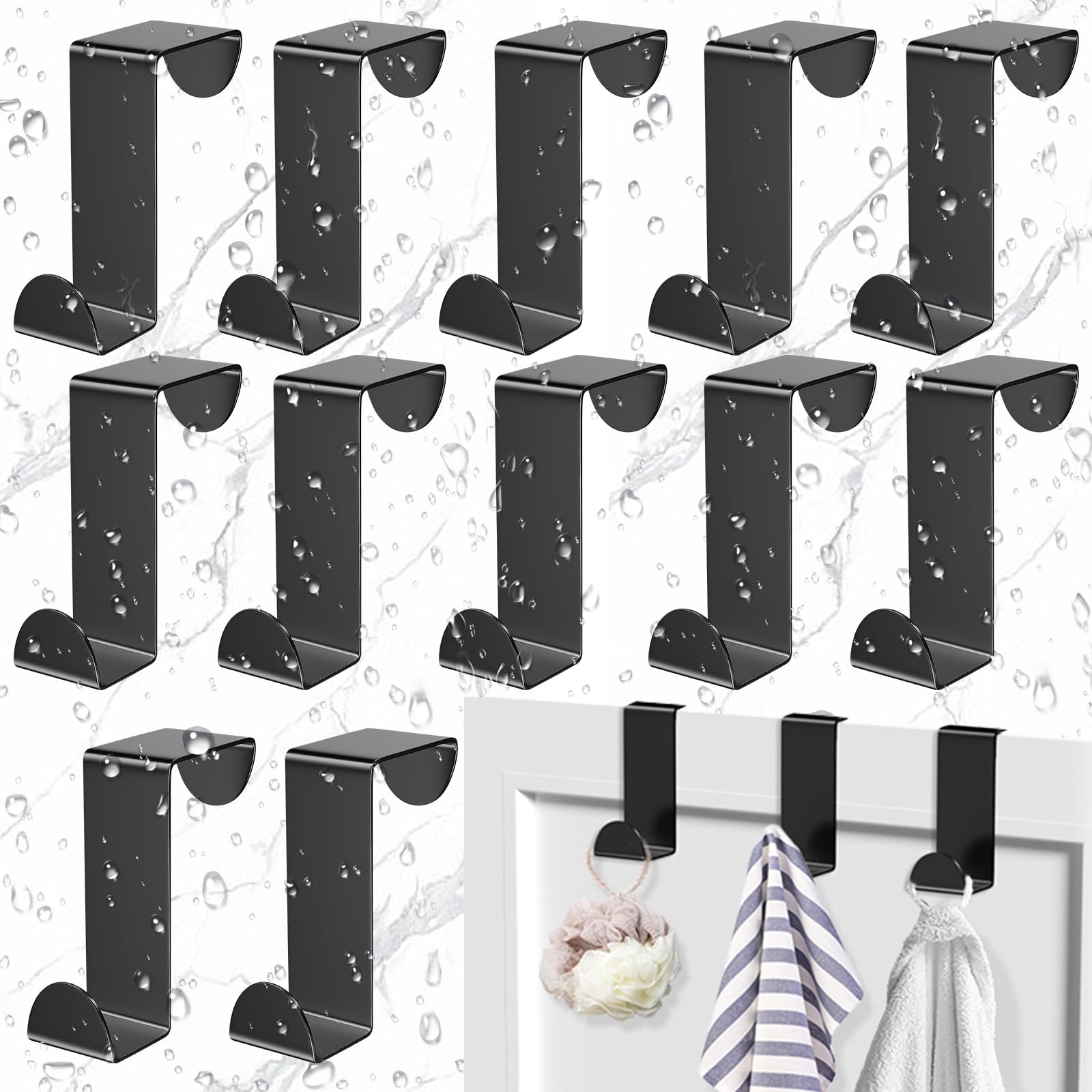 Pack of 12 Stainless Steel Door Hooks, Black Hooks, Door Hangers, Door Hooks, Multifunctional Door Hooks, Reversible Hooks, Suitable for Kitchen, Living Room, Bathroom